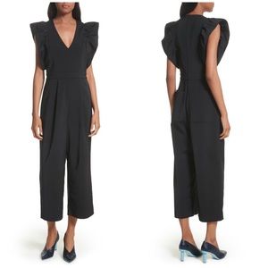 Tibi | Faille V-Neck Black Ruffled Jump Suit